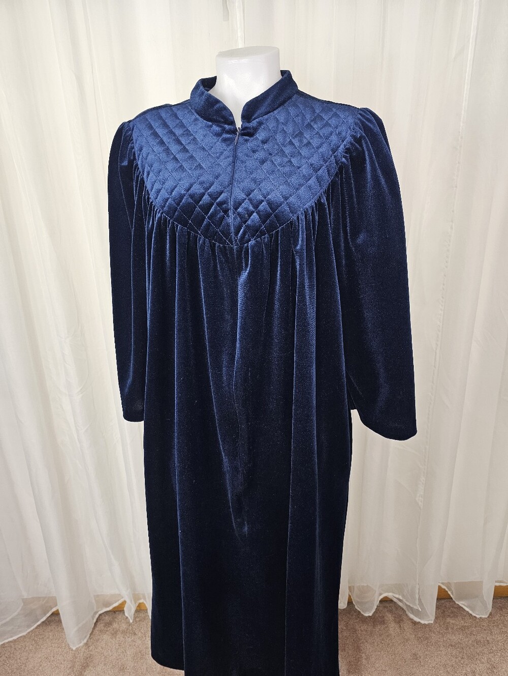 Vintage Appel Blue Velvet Velour Quilted Yoke Zip Front House Coat Robe Medium